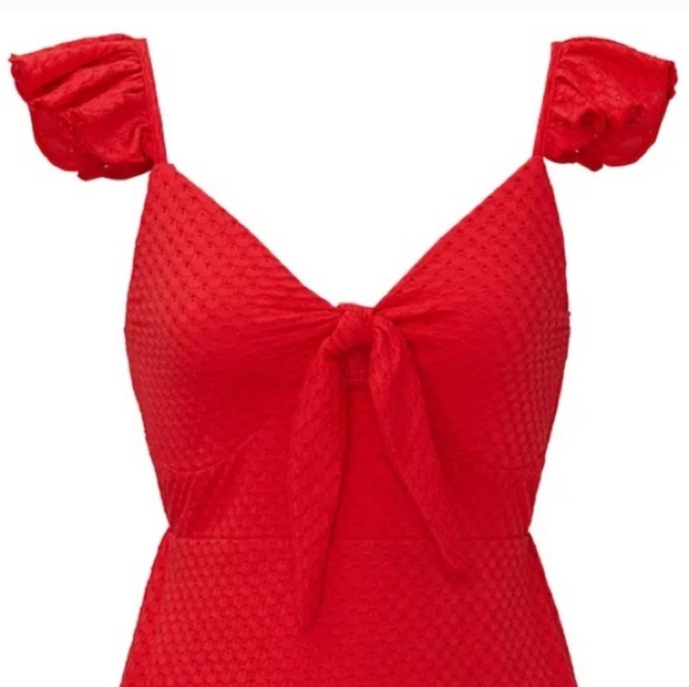 MINKPINK Laurel Tomato Red Eyelet Sleeveless V-neck Tie Front Mini Dress Size SM - Picture 6 of 16